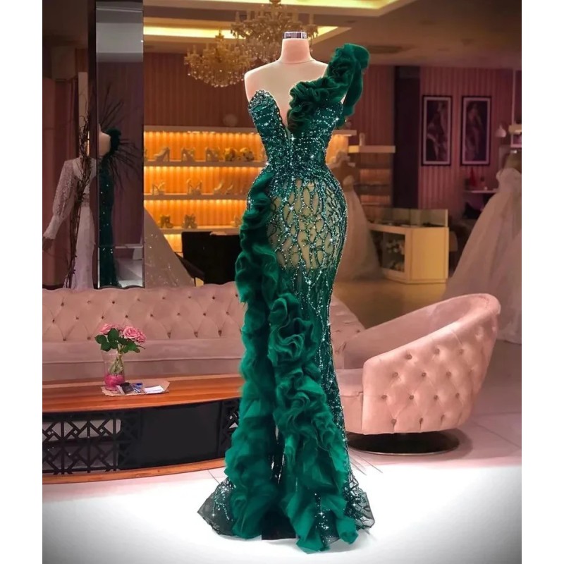 Robe de soirée sirène luxe – Appliques perlées & paillettes scintillantes – Tulle fendu