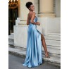Robe de soirée satin bleu – élégante robe longue avec fente