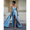 Robe de soirée satin bleu – élégante robe longue avec fente